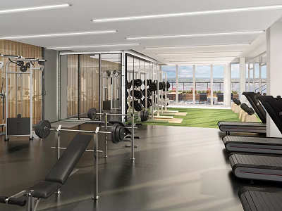 Modern Spacious Fitness Gym with Barbells Weight Benches and Treadmills Glass Partitions and Outdoor View 3d model
