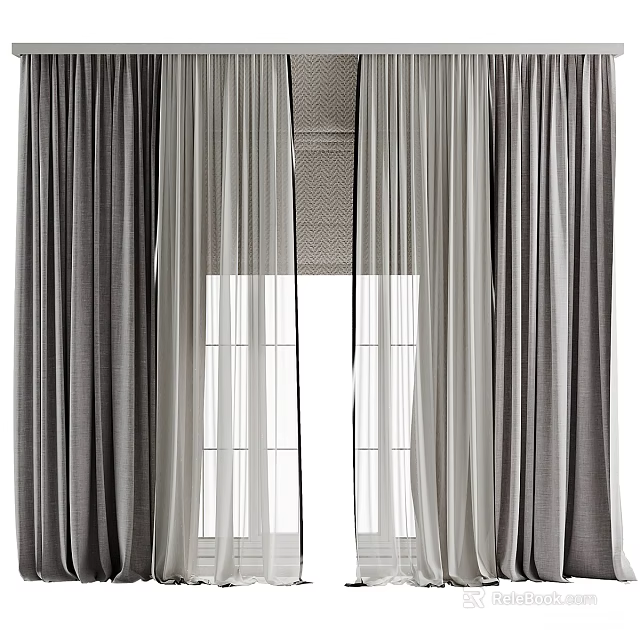 Layered Grey And White Curtains With Sheer Panels And Window Frame 3d model 