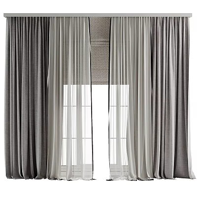 Layered Grey And White Curtains With Sheer Panels And Window Frame 3d model