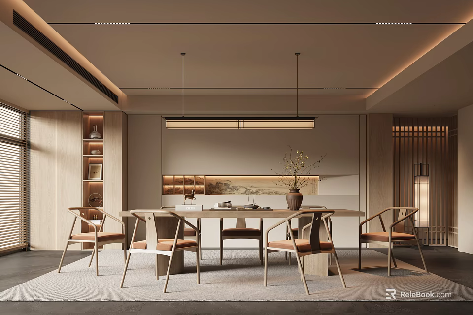 Modern Minimalist Restaurant Interior With Wooden Dining Table Chairs Pendant Light And Bookshelves 3d model 