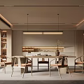 Modern Minimalist Restaurant Interior With Wooden Dining Table Chairs Pendant Light And Bookshelves
