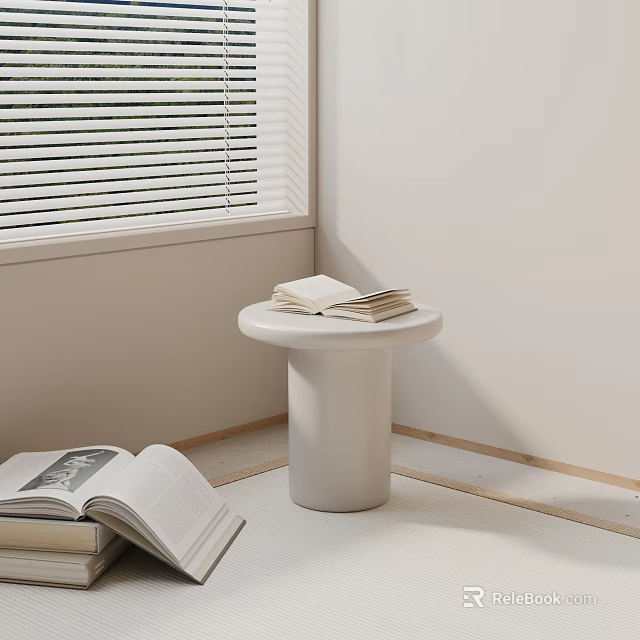 White Round Side Table In Minimalist Room With Books 3d model