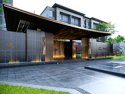 Elegant Contemporary Entrance Gate With Stone Wall Wooden Canopy And Illuminated Landscaped Surroundings 3d model