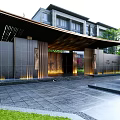Elegant Contemporary Entrance Gate With Stone Wall Wooden Canopy And Illuminated Landscaped Surroundings