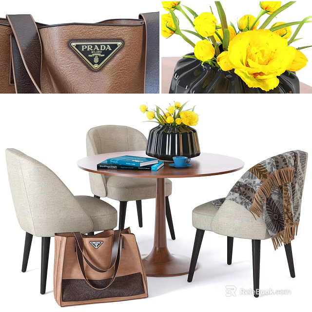 Round Dining Table Set with Light Gray Chairs Black Vase Yellow Flowers and Prada Bag 3d model 
