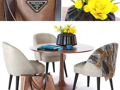 Round Dining Table Set with Light Gray Chairs Black Vase Yellow Flowers and Prada Bag 3d model