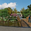 Traditional Chinese Garden Landscape with Lotus Pond Small Bridge Green Trees and Pathways