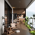 Cozy Home Balcony With Wooden Flooring Laundry Area Outdoor Seating Green Plants And Mountain View