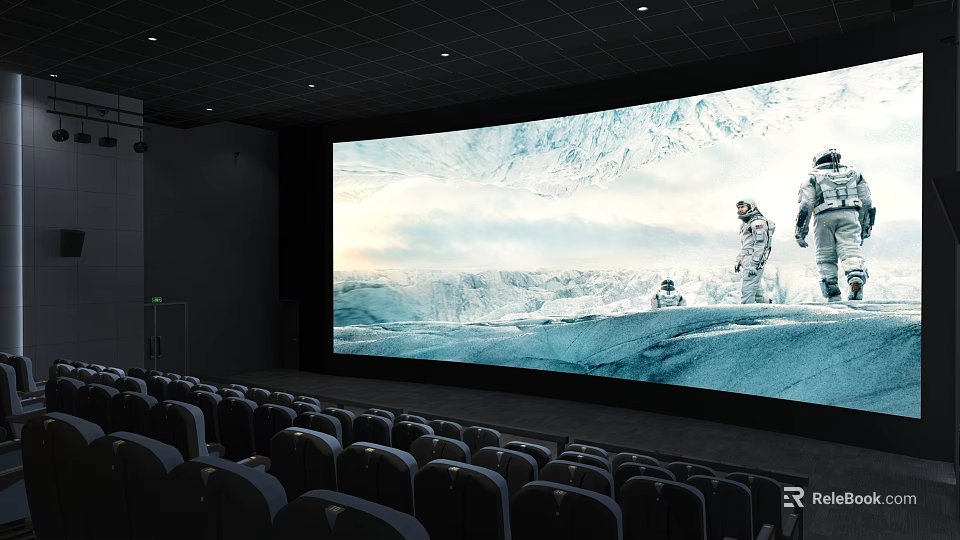 Modern Cinema Viewing Experience With Large Screen Showing Snowy Mountain Scene And Astronauts 3d model 