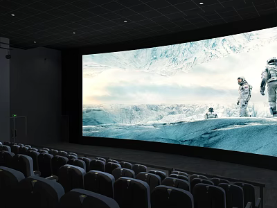 Modern Cinema Viewing Experience With Large Screen Showing Snowy Mountain Scene And Astronauts 3d model