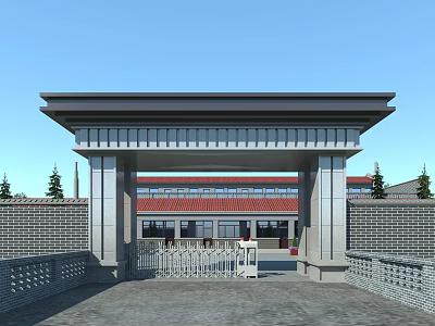 Traditional Chinese Entrance Gate With Gray Pillars Iron Gate Flat Roof And Red Tile Roof Building 3d model