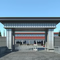 Traditional Chinese Entrance Gate With Gray Pillars Iron Gate Flat Roof And Red Tile Roof Building