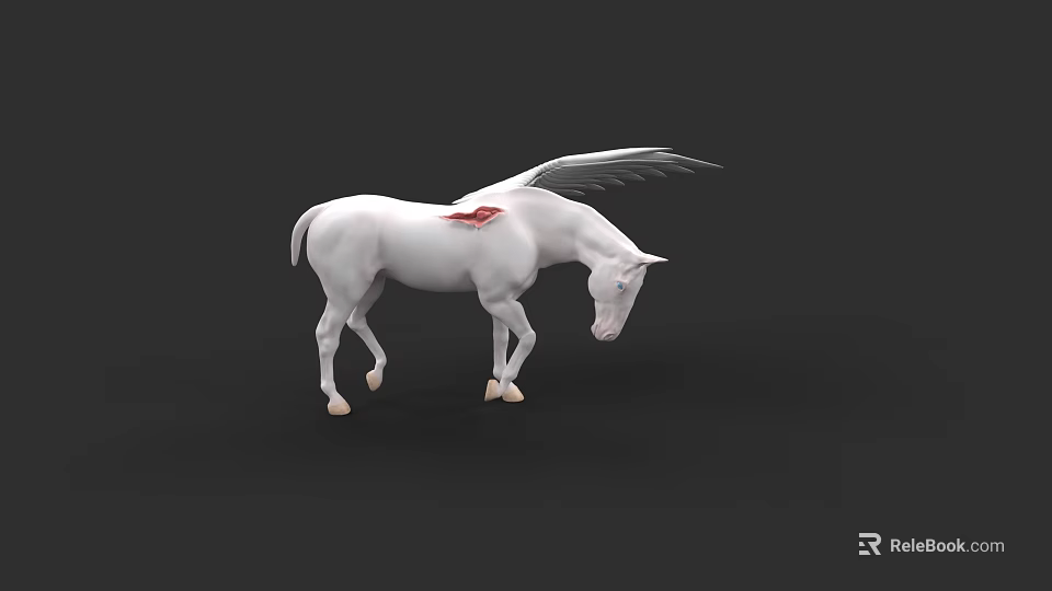 White Flying Horse With Gray Wings Red Back Mark Standing Head Down On Black Background 3d model 