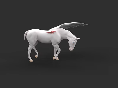 White Flying Horse With Gray Wings Red Back Mark Standing Head Down On Black Background 3d model