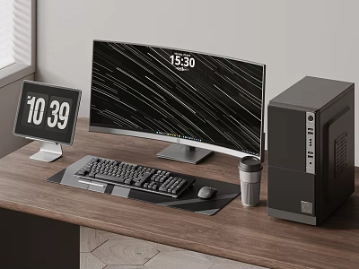 Desktop Computer Setup with Curved Monitor Keyboard Mouse Wooden Desk and Digital Clock 3d model