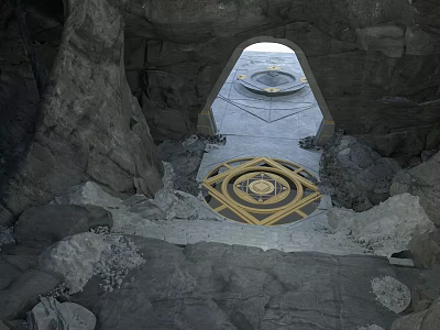 Rocky Cave Entrance With Circular Geometric Floor Pattern And Lighted Passageway 3d model