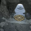 Rocky Cave Entrance With Circular Geometric Floor Pattern And Lighted Passageway