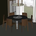 Modern Round Dining Table With Six Brown Chairs Hanging Light Large Window And Grass View 3d model
