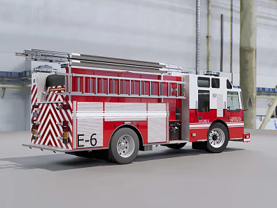Red And White E6 Fire Truck With Ladder And Emergency Vehicle Features 3d model