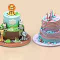 Two Colorful Decorated Cakes With Animal Figurines Green Brown Layers And Pink Purple Frosting