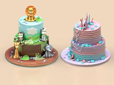Two Colorful Decorated Cakes With Animal Figurines Green Brown Layers And Pink Purple Frosting 3d model