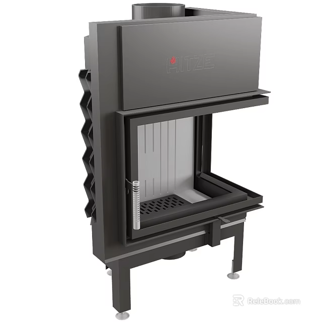 Modern Black Fireplace With Steel Frame Glass Door And Grate Stand Design 3d model 