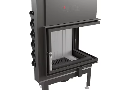 Modern Black Fireplace With Steel Frame Glass Door And Grate Stand Design 3d model