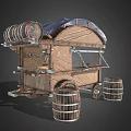 Functional Vintage Wooden Cart With Curved Canvas Roof And Attached Barrels