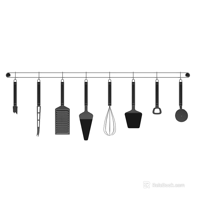 Black Kitchen Utensil Set with Various Cooking Tools Hanging on Metal Rod 3d model 