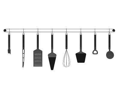 Black Kitchen Utensil Set with Various Cooking Tools Hanging on Metal Rod 3d model
