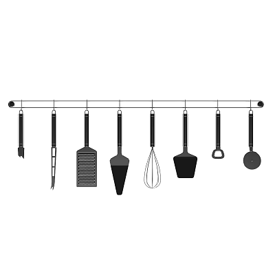Black Kitchen Utensil Set with Various Cooking Tools Hanging on Metal Rod 3d model