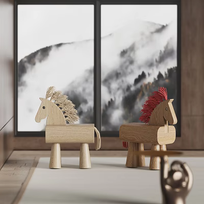 Wooden Building Blocks Horse With Light And Red Mane By Large Window With Mountain View 3d model