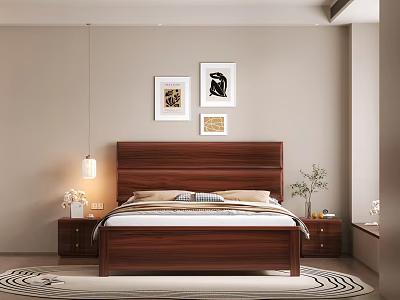 Cozy Bedroom Interior With Wooden Headboard Bed Nightstands Wall Art And Area Rug 3d model