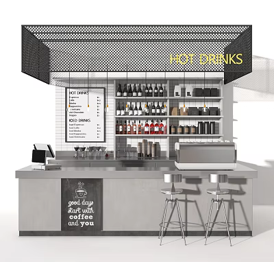Modern Bar Counter Interior With Hot Drinks Sign Hanging Lights Shelves And Bar Stools 3d model