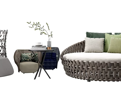 Outdoor Woven Rattan Sofa With Green Beige Cushions And Side Table 3d model