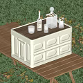 White Storage Basket with Wooden Lid Holds Wine Bottle Glasses Decanter on Outdoor Wooden Table