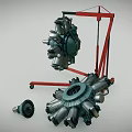 Two Radial Engines Mounted On Red Mobile Stand With Metal Structure