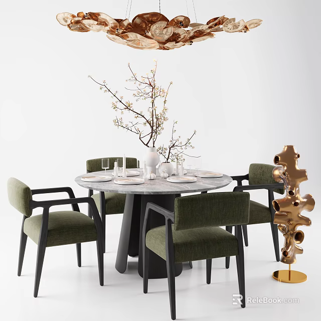 Modern Round Dining Table Set With Green Upholstered Chairs And Marble Top 3d model