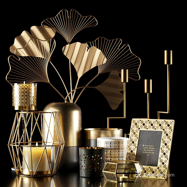 Modern Gold Metal Decorative Ornament Set With Ginkgo Leaf Vase Candle Holders And Photo Frame 3d model 