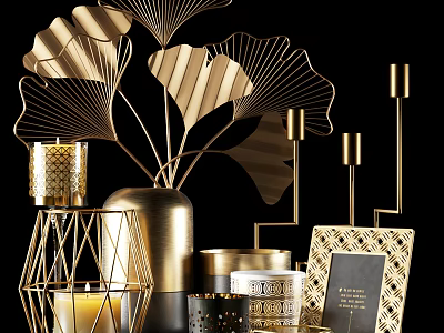 Modern Gold Metal Decorative Ornament Set With Ginkgo Leaf Vase Candle Holders And Photo Frame 3d model