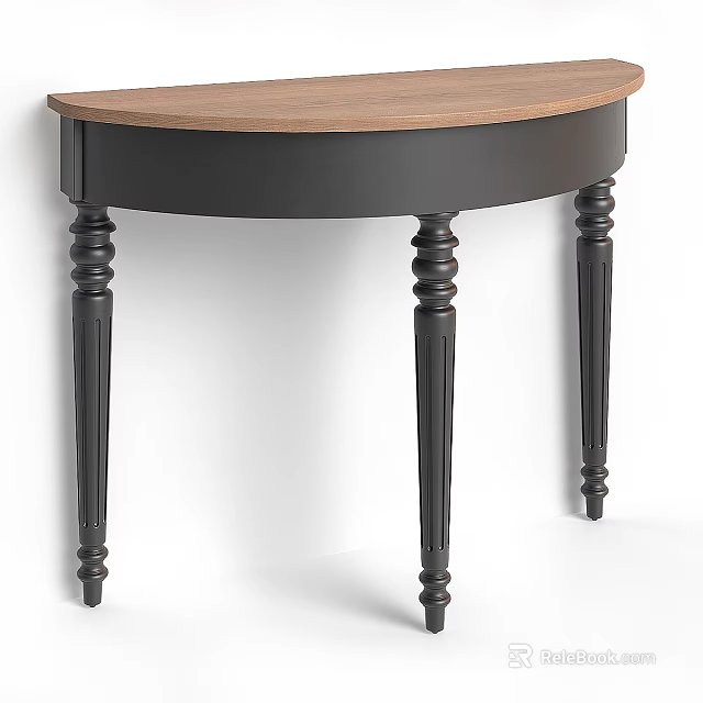 Elegant Half Round Dining Table With Wooden Top And Black Carved Legs 3d model 