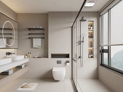 Modern Light Toned Bathroom Interior Design With Round Mirror Double Vanity And Large Window 3d model