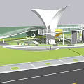 Modern Children's Play Area With Umbrella Shaped Structure Circular Walkways Green Lawns And Trees