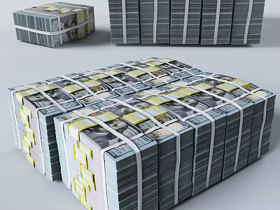 Stacked Bundles of US Dollar Bills in Large Piles with White Straps 3d model