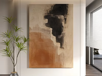 Abstract Wall Art in Beige Black Brown Tones With Green Plant in Modern Room 3d model
