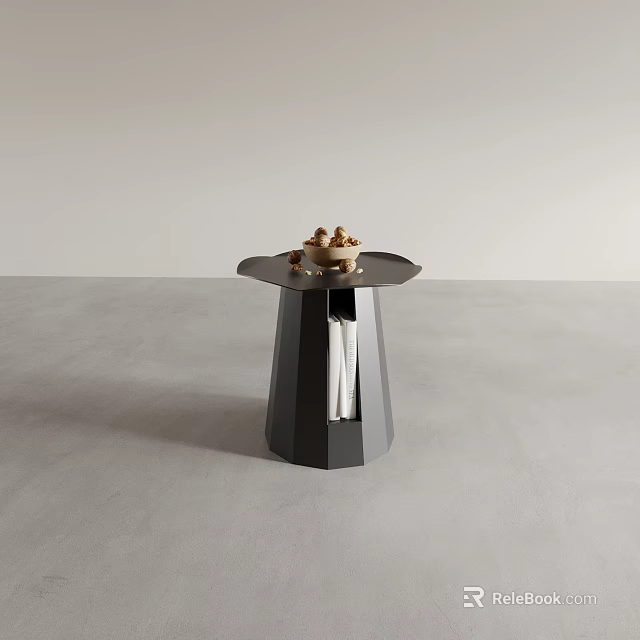 Modern Black Side Table With Polygonal Base Round Top Books And Decorative Items 3d model