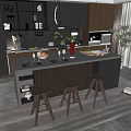 Modern Kitchen Interior With Marble Island Counter Black Cabinets And Bar Stools