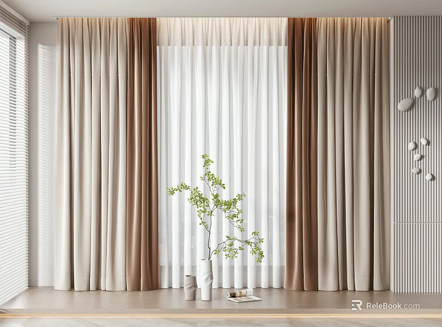 Modern Beige Brown Curtains With Sheer Layers And Indoor Plant White Vase 3d model 