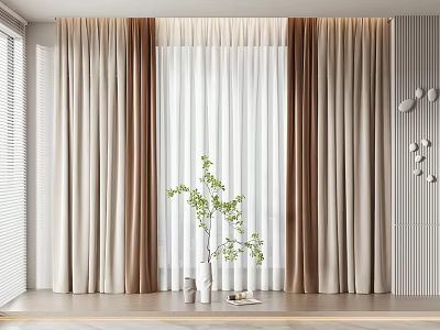 Modern Beige Brown Curtains With Sheer Layers And Indoor Plant White Vase 3d model