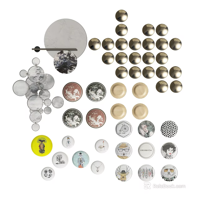 Stylish Round Wall Decor Collection With Artistic Prints And Metal Accents 3d model 